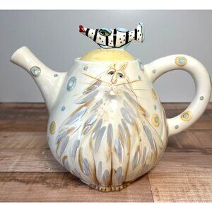 Blue Sky Lynda Corneille Handcrafted Ceramic Cat Teapot With Whimsical Fish Lid
